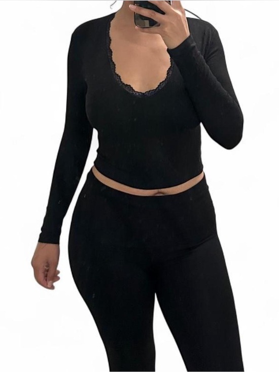 baddieville Pants - Women’s Black Lace-Trim Long Sleeve Jumpsuit